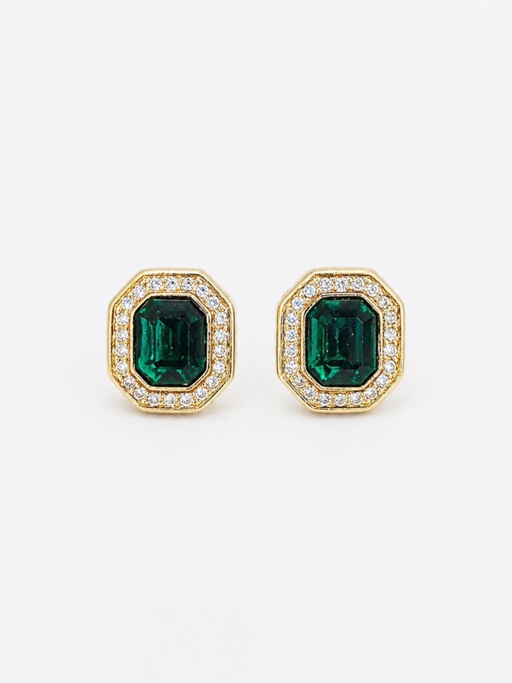 Vintage Swarovski Signed SAL Emerald Green Crystal Halo Stud Gold Tone Earrings
